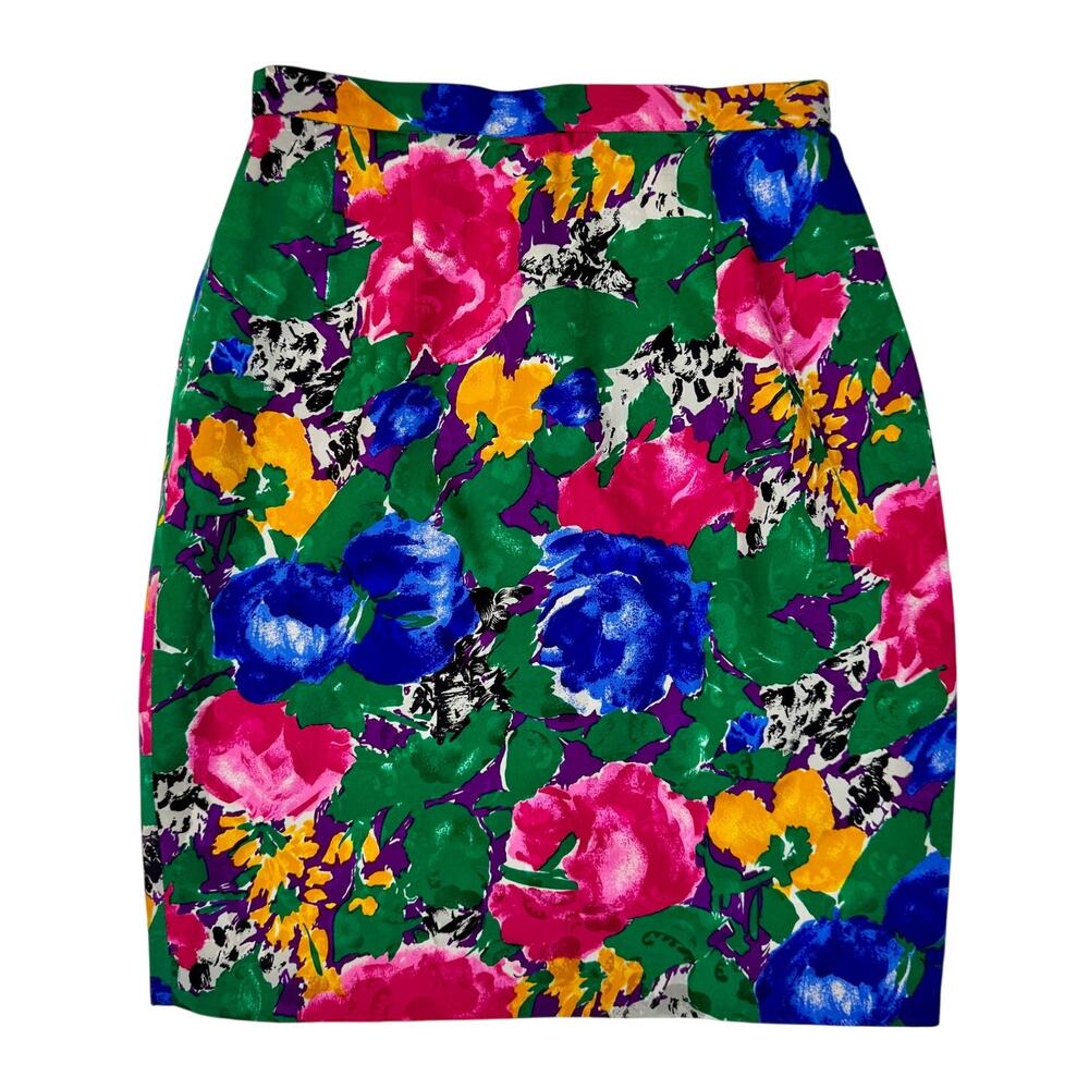 Vintage 100% Silk Floral Pencil Skirt Size 2 Multicolor High Waist Made in Korea - Picture 1 of 9